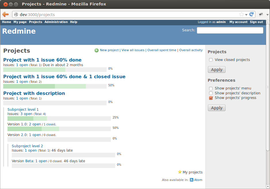 Progressive Project List Redmine Plugin