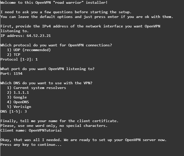 OpenVPN server configuration